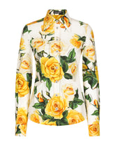 Long-sleeved cotton shirt with yellow rose print -  | Dolce & Gabbana