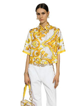 Cropped silk twill shirt with majolica print -  | Dolce &amp; Gabbana