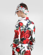 Cropped cotton pussy-bow shirt with rose print -  | Dolce &amp; Gabbana