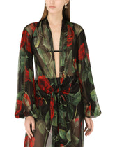 Chiffon calf-length dress with tie detail and rose print -  | Dolce & Gabbana