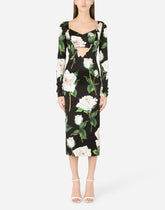 Satin calf-length dress with white rose print -  | Dolce &amp; Gabbana