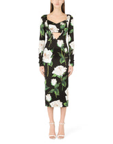 Satin calf-length dress with white rose print -  | Dolce & Gabbana