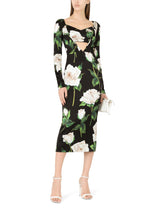 Satin calf-length dress with white rose print -  | Dolce & Gabbana
