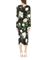 Satin calf-length dress with white rose print -  | Dolce & Gabbana
