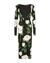 Satin calf-length dress with white rose print -  | Dolce & Gabbana
