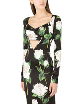 Satin calf-length dress with white rose print -  | Dolce & Gabbana