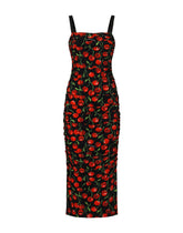 Cherry-print jersey calf-length dress with draping -  | Dolce & Gabbana