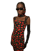 Cherry-print jersey calf-length dress with draping -  | Dolce & Gabbana