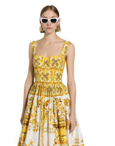 Midi corset dress in cotton poplin with majolica print -  | Dolce &amp; Gabbana