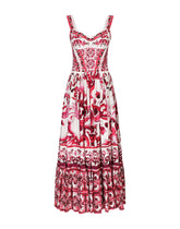Calf-length corset dress in majolica-print cotton poplin -  | Dolce & Gabbana