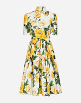 Cotton shirt dress with yellow rose print -  | Dolce &amp; Gabbana