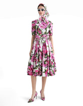 Cotton calf-length shirt dress with peony print -  | Dolce &amp; Gabbana