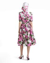 Cotton calf-length shirt dress with peony print -  | Dolce &amp; Gabbana