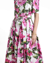 Cotton calf-length shirt dress with peony print -  | Dolce &amp; Gabbana