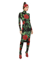 Jersey calf-length dress with red rose print -  | Dolce & Gabbana