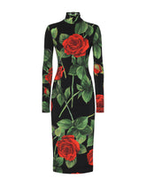 Jersey calf-length dress with red rose print -  | Dolce & Gabbana