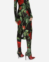 Jersey calf-length dress with red rose print -  | Dolce & Gabbana
