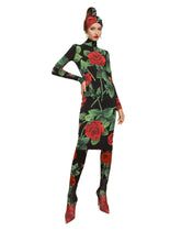 Jersey calf-length dress with red rose print -  | Dolce & Gabbana