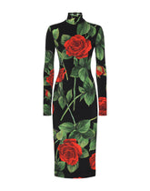 Jersey calf-length dress with red rose print -  | Dolce & Gabbana