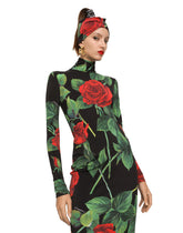 Jersey calf-length dress with red rose print -  | Dolce & Gabbana