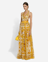 Long sleeveless silk chiffon dress with majolica print -  | Dolce &amp; Gabbana