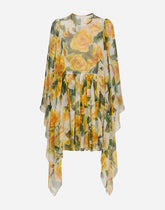 Short silk chiffon dress with yellow rose print -  | Dolce & Gabbana