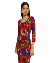 Charmeuse sheath dress with anemone print -  | Dolce & Gabbana