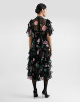 Longuette dress with ruffles and flounces in rose print chiffon -  | Dolce &amp; Gabbana