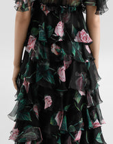 Longuette dress with ruffles and flounces in rose print chiffon -  | Dolce &amp; Gabbana