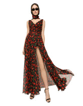Long cherry-print chiffon dress -  | Dolce & Gabbana