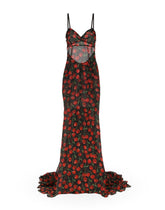 Long cherry-print chiffon dress with train -  | Dolce & Gabbana
