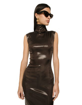 Sleeveless calf-length dress in shiny satin -  | Dolce &amp; Gabbana