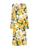 Organzine V-neck dress with yellow rose print -  | Dolce & Gabbana
