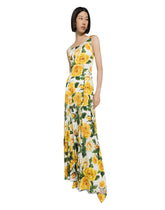 Long organzine round-neck dress with yellow rose print -  | Dolce &amp; Gabbana