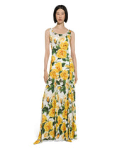 Long organzine round-neck dress with yellow rose print -  | Dolce &amp; Gabbana