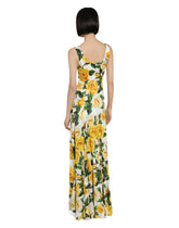 Long organzine round-neck dress with yellow rose print -  | Dolce &amp; Gabbana