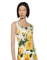 Long organzine round-neck dress with yellow rose print -  | Dolce &amp; Gabbana