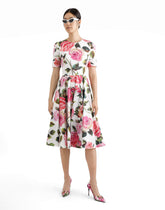 Cotton calf-length babydoll dress with rose print -  | Dolce &amp; Gabbana