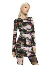 Short tulle dress with draping and rose garden print -  | Dolce &amp; Gabbana