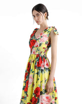 Cotton midi dress with bouquet print and tie details -  | Dolce &amp; Gabbana