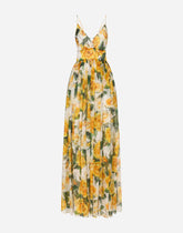 Long silk chiffon dress with yellow rose print -  | Dolce & Gabbana