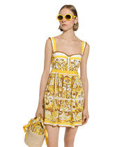 Short dress with corset bodice in majolica-print cotton poplin -  | Dolce &amp; Gabbana