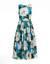 Cotton calf-length babydoll dress with gardenia print -  | Dolce &amp; Gabbana