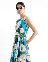 Cotton calf-length babydoll dress with gardenia print -  | Dolce &amp; Gabbana