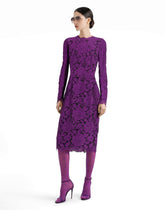 Long-sleeved calf-length dress in branded stretch lace -  | Dolce &amp; Gabbana