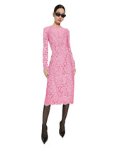 Long-sleeved calf-length dress in branded stretch lace -  | Dolce &amp; Gabbana