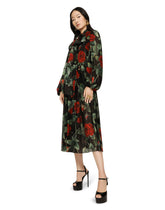Textured chiffon calf-length dress with pussy-bow and rose print -  | Dolce & Gabbana