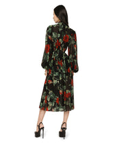 Textured chiffon calf-length dress with pussy-bow and rose print -  | Dolce & Gabbana