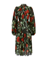 Textured chiffon calf-length dress with pussy-bow and rose print -  | Dolce & Gabbana