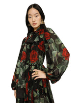 Textured chiffon calf-length dress with pussy-bow and rose print -  | Dolce & Gabbana